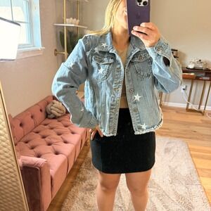 The Style Between Us Denim Jacket XL Blue Star Embroidered Frayed Hem